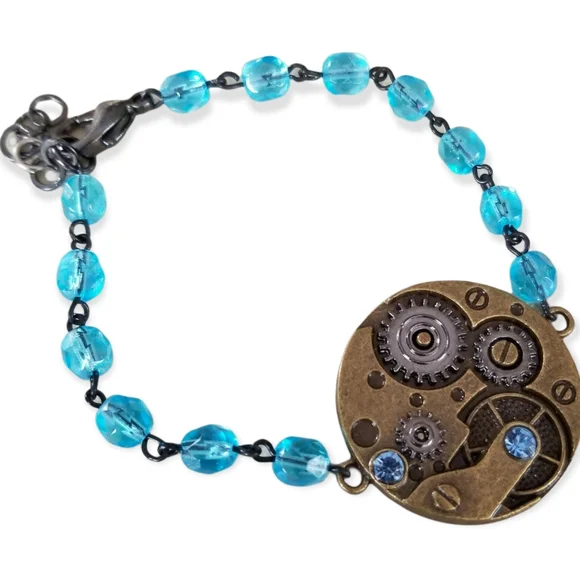 Hand Crafted Steam Punk Pendant Rosary Chain Crystal Beaded Bracelet - Picture 3 of 8